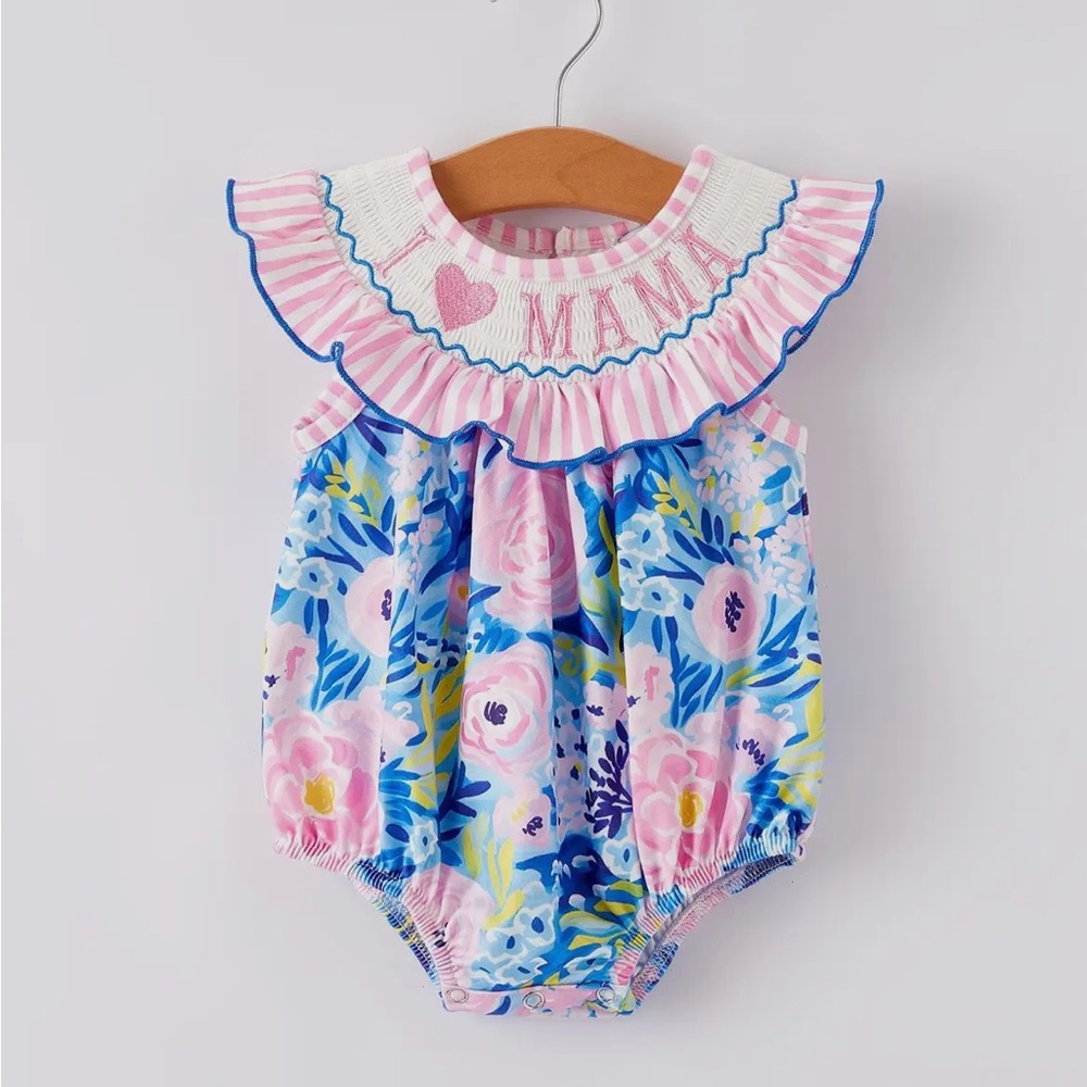 NEW Baby Girls I Love Mama Embroidered Smocked Romper